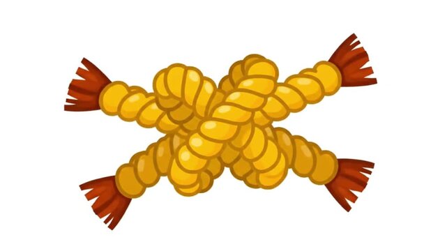 Illustration of a yellow rope with four ends tied together in a knot on a white background with brown fringes.