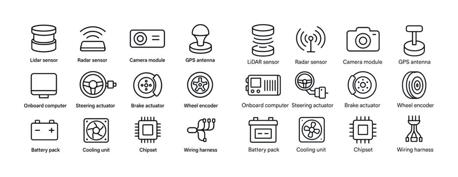 Autonomous vehicle components icons: sensors, computers, chips,
