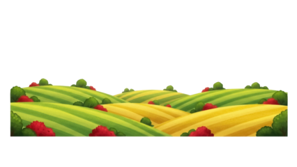Isolated cartoon panorama of rolling hills with trees and red bushes in a field