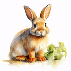Fototapeta premium Adorable bunny sitting next to green leaves in watercolor painting style