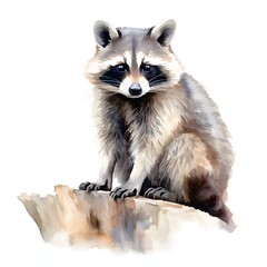 Obraz premium Watercolor painting of a raccoon sitting on a tree stump against a white background