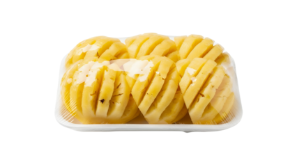Peeled pineapple wrapped in plastic, white background isolated