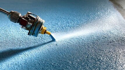 Spray gun applying blue liquid, close-up, surface covered