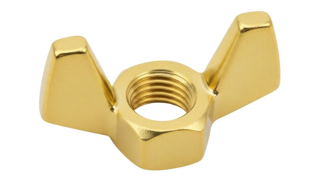 Isolated gold plated wing nut close up, detail of a fastener with wings and thread, secure connection