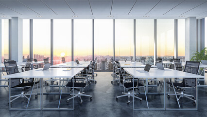 Modern open office interior with panoramic city view at sunset. 3d illustration.