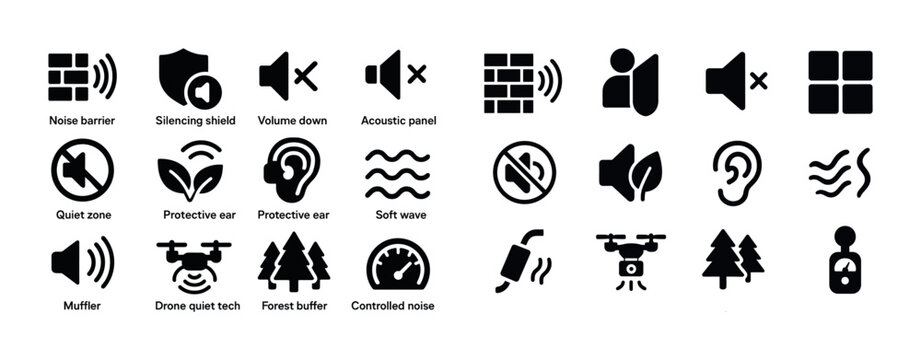 Noise control icons: sound barriers, acoustic panels, silencers,
