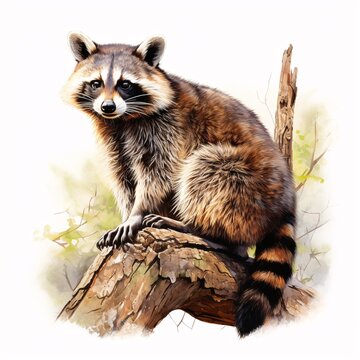 Raccoon with striped tail sits on a fallen log in the forest