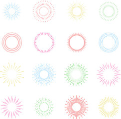 Line firecrackers. Colorful radial firework linear sun icons. Vintage sunburst set. Bursting rays sunrise firework starburst blast, Radiant Spark. Rays. Vibrant festive decoration, celebration design
