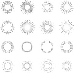 Line firecrackers. Colorful radial firework linear sun icons. Vintage sunburst set. Bursting rays sunrise firework starburst blast, Radiant Spark. Rays. Vibrant festive decoration, celebration design