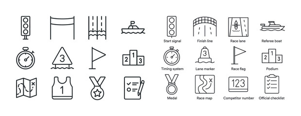 Marathon race symbols: finish line, stopwatches, race flags, med