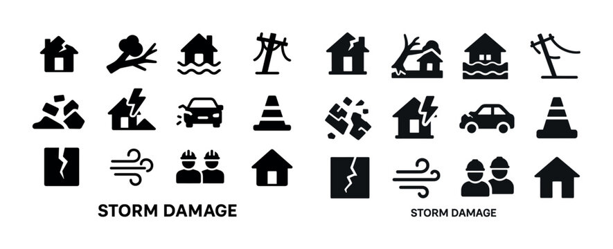 Storm damage icons: homes, trees, power lines, floods, repairs