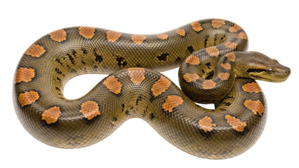 Isolated Amazon tree boa rests in studio with its unique pattern and markings on scales