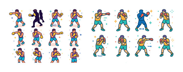 Fototapeta premium Animated boxing figures showing punching and stance positions