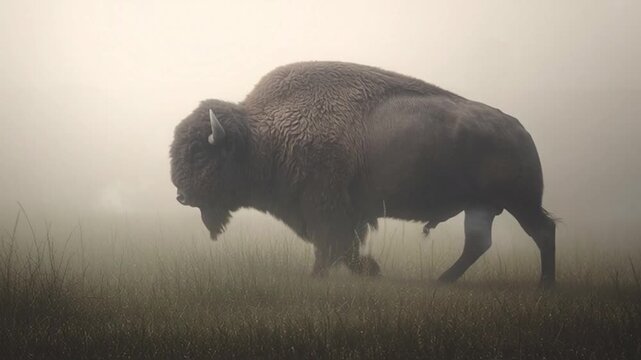 Bison Walking Through Foggy Landscape Slowly.