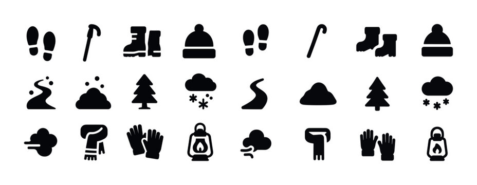 Winter icons set: footprints, hiking, clothing, nature, weather