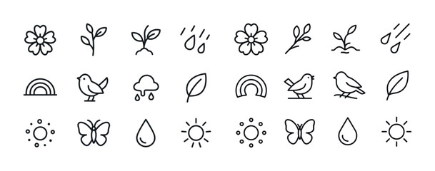 Naklejka premium Nature and weather icons set: flowers, birds, rain, sun, butterf