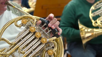Closeup Of Brass Instrument Functioning, Detailed Closeup Capturing Horn Valve Operation In Musical Practice. Media
