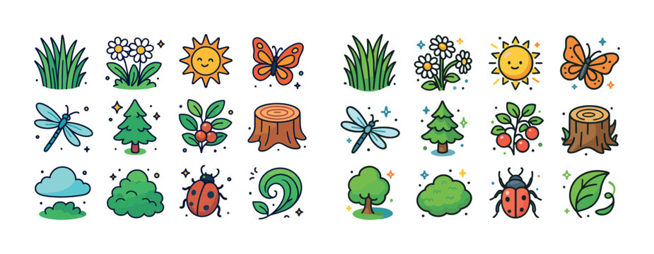 Colorful nature icons: sun, plants, insects illustrated in carto