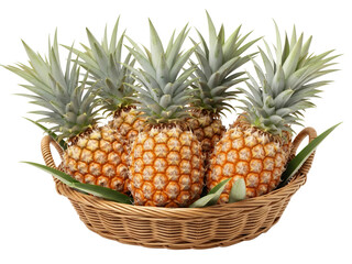 Pineapple in wooven basket, white background isolated