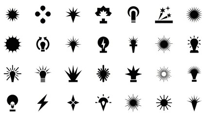 A collection black and white icons representing light, energy, and illumination in various abstract forms.