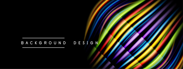 Abstract colorful lines over black background. Modern design elements create dynamic visual impact. Text reads background design.