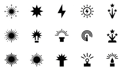 A collection of black and white icons representing various forms of light, energy, and celebration, including stars, flashes, and fireworks.