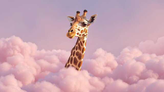 giraffe head poking out from pastel cloud, surreal playful minimalism 