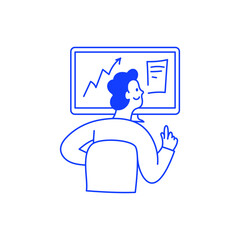 Vector illustration in simple linear hand drawn style, business concept, doodle mascot and character making a presentation on the screen