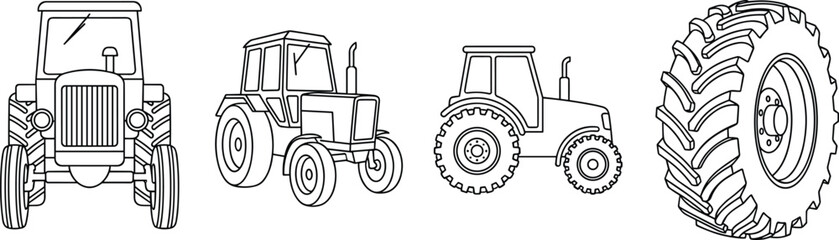 Set of tractor line art icons and heavy machinery tires, agricultural vehicle illustrations for farming equipment, industrial tractor design, and rural cultivation © Amol Chandra