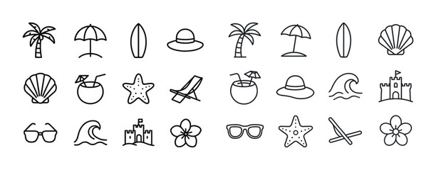 Naklejka premium Beach icons collection: palm trees, sunglasses, surfboards, and