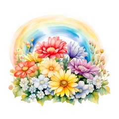 Obraz premium Watercolor painting shows colorful flowers arranged beneath an arched rainbow on a white background