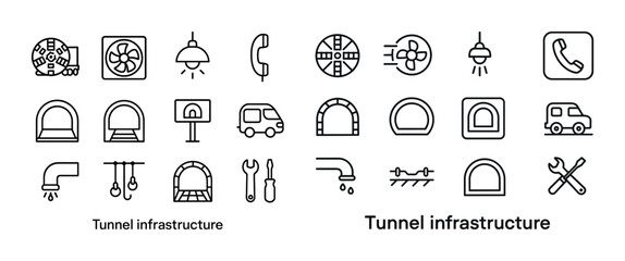 Tunnel infrastructure icons collection: transportation and maint