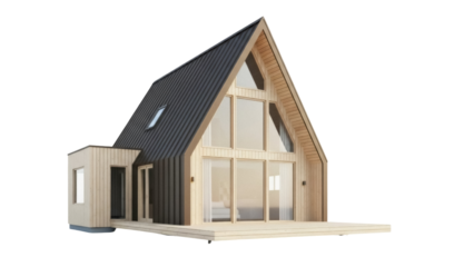 Isolated modern A-frame tiny house cabin building project featuring metal roof and wood siding