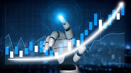 A robotic hand points at a rising financial chart on a digital interface, symbolizing advancements in technology and finance. The image illustrates innovation and growth. Copula