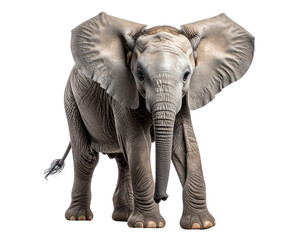 Young Elephant Head with Raised Trunk, Front View, Isolated Cutout PNG on White Background.