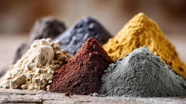 Colorful mounds of rare earth minerals powder sitting in heaps representing raw industrial material supply chain resource extraction