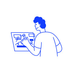Vector illustration in simple linear hand drawn style, man working on design and project on the touch screen, business concept