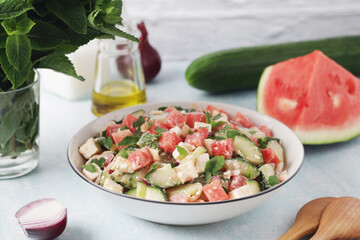 Watermelon and cottage cheese salad served for lunch	