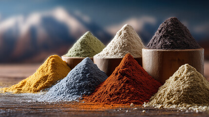 Colorful rare earth minerals powder mounds arranged in pile showing chaotic supply chain crisis with abstract mood against mountain background