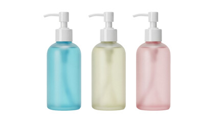 Isolated assortment of three colorful bottles of liquid soap with dispenser pump, no background