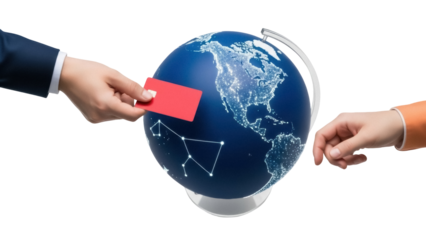 Isolated hand offering card to world globe map showing North America at night, trade concept