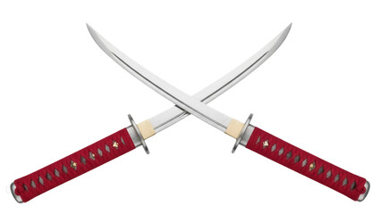 Isolated Pair of Japanese Samurai Swords Crossed in the Shape of an X on Plain Background