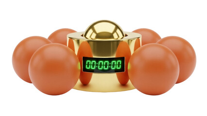Isolated Golden timer, set to zero, surrounded by six orange balls; time's up