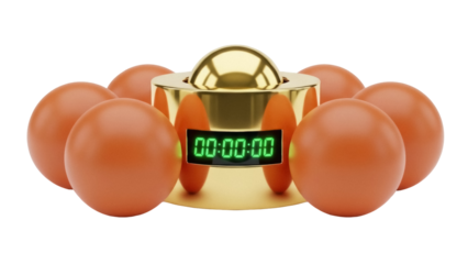 Isolated Golden timer, set to zero, surrounded by six orange balls; time's up