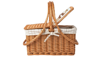 Isolated picnic basket with open lid and striped fabric liner, woven wicker and double handle