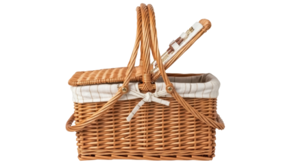 Isolated picnic basket with open lid and striped fabric liner, woven wicker and double handle