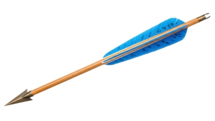 Isolated arrow featuring a wooden shaft and a blue feather, ready for a medieval adventure