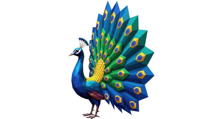 Isolated peacock bird with feathers fanned out on display, vector art, polygonal illustration