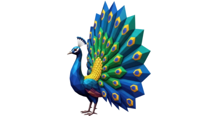 Isolated peacock bird with feathers fanned out on display, vector art, polygonal illustration