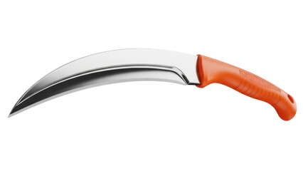 Isolated orange-handled sickle knife, gardening tool for trimming, pruning, fruit harvest
